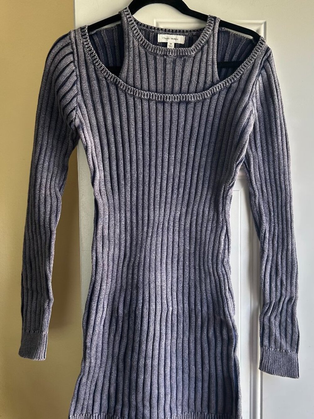 CHERRY MELLOW Layered-Look Ribbed Mini Dress - Cold Shoulder - Denim Blue